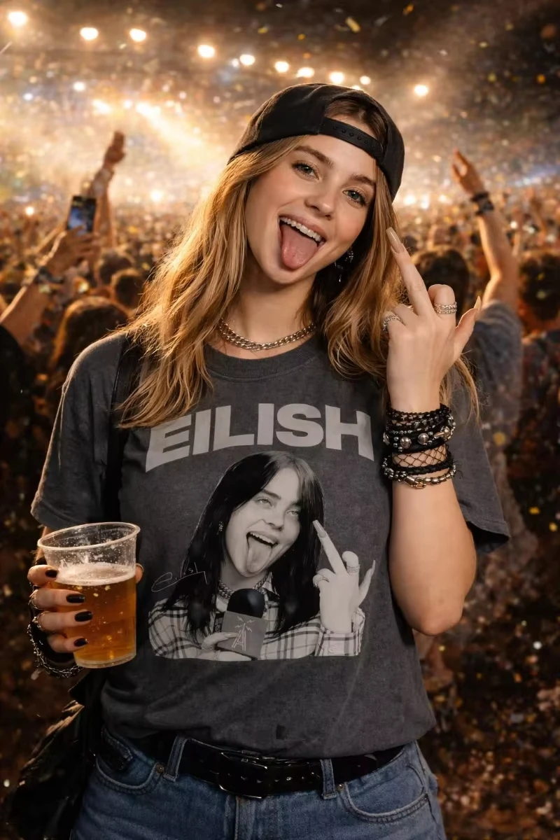 Billie Eilish Muster-Sommer-T-Shirt, bedrucktes Muster-T-Shirt, Y2K, locker, beliebt, Street-Casual, bequem, kurzärmeliges Hemd – Detail 6