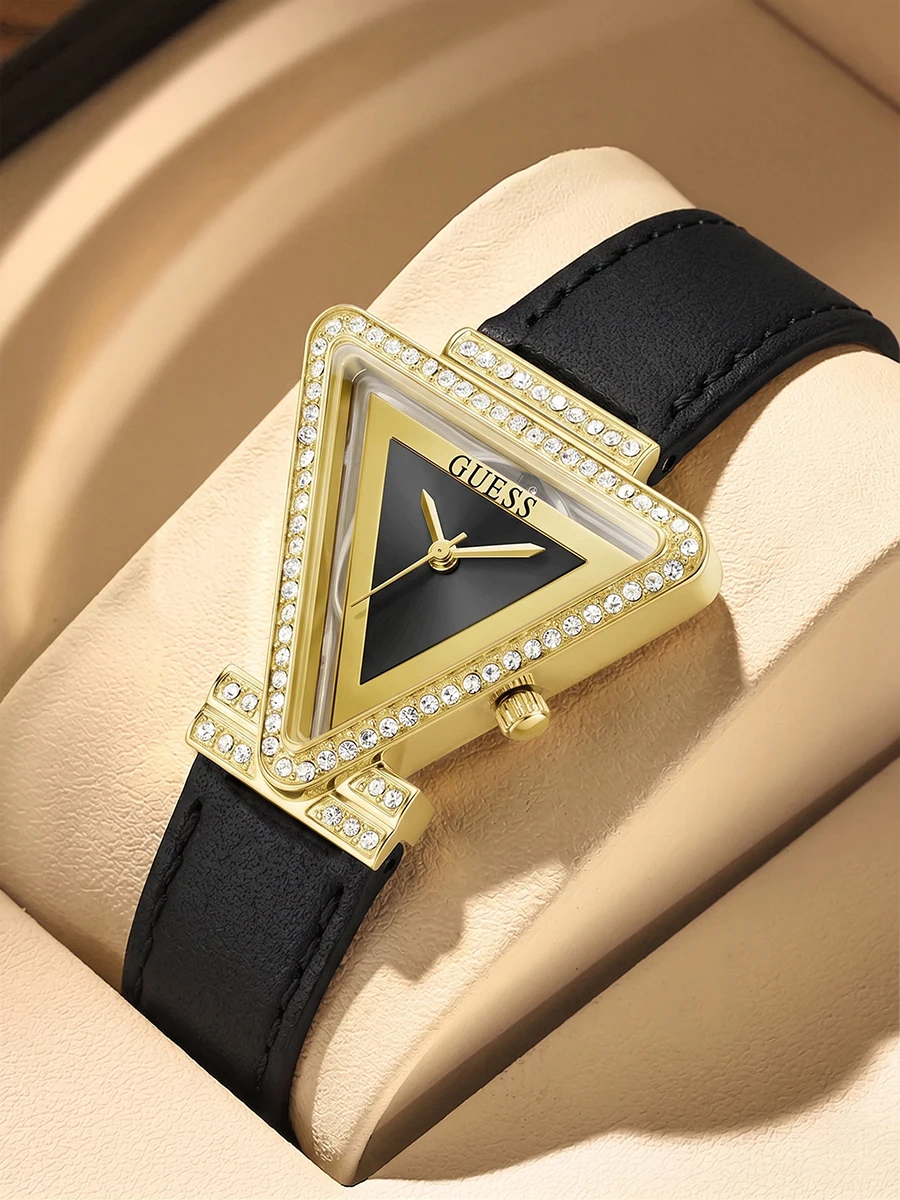 Reloj Triangular GUESS para Mujer con Bisel de Cristal, Correa de Cuero Negra y Dorada, Reloj de Pulsera de Cuarzo, Elegante y de Lujo, Regalo para Amiga