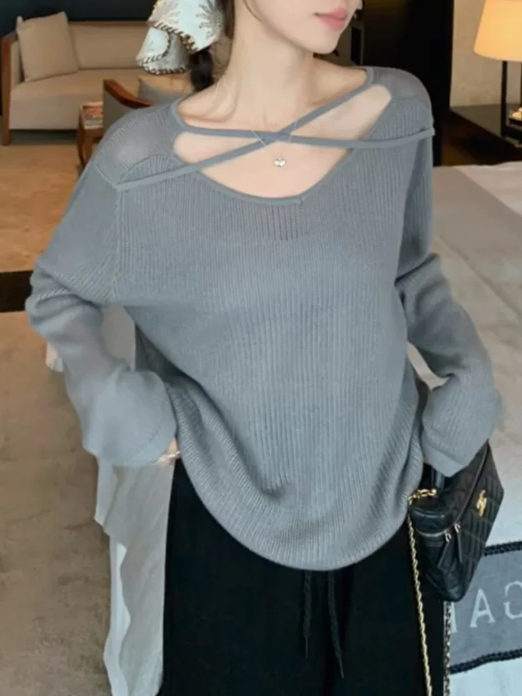 

Ele Cross V-Ne Knitwear Large Size Faionable Slimming Top for Women Autumn 2025 New Sle French Sle Casual Wear