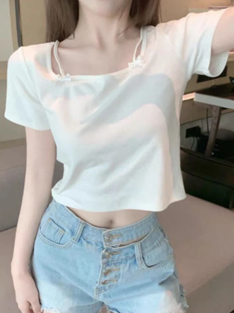 T-shirts Women Kawaii Solid Attractive Students Leisure Simple Ulzzang Streetwear Design Square Collar Faddish Holiday Classic