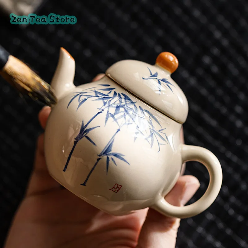 Wood Ash Hand-painted Ink Bamboo Ruyi Pot Teapot Teapot Household Single Pot One Person With Ceramic Tea Kung Fu Tea Set