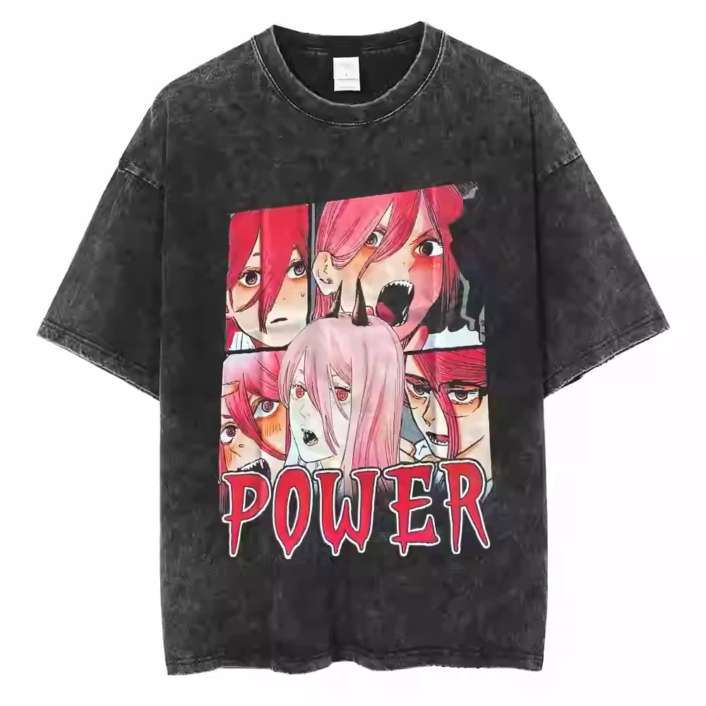 

Chainsaw Man Power manga panel acid wash oversized black t shirt 2026 summer streetwear anime graphic tee for men women