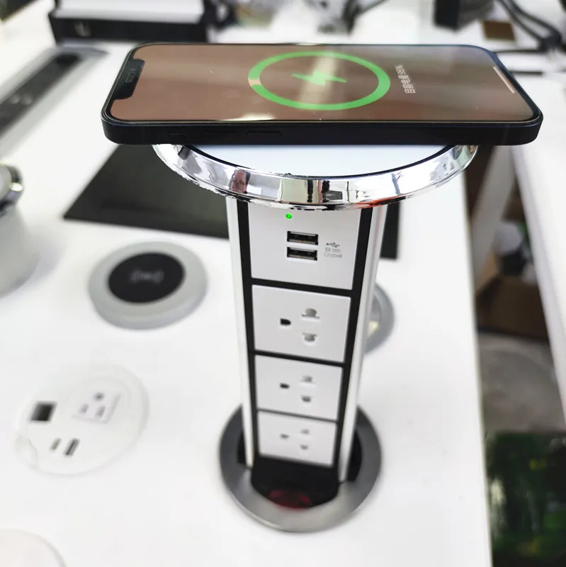 

Stainless Automatic USA power outlet Waterproof Kitchen Table Sockets Retractable Counter top Worktop Wireless charger socket