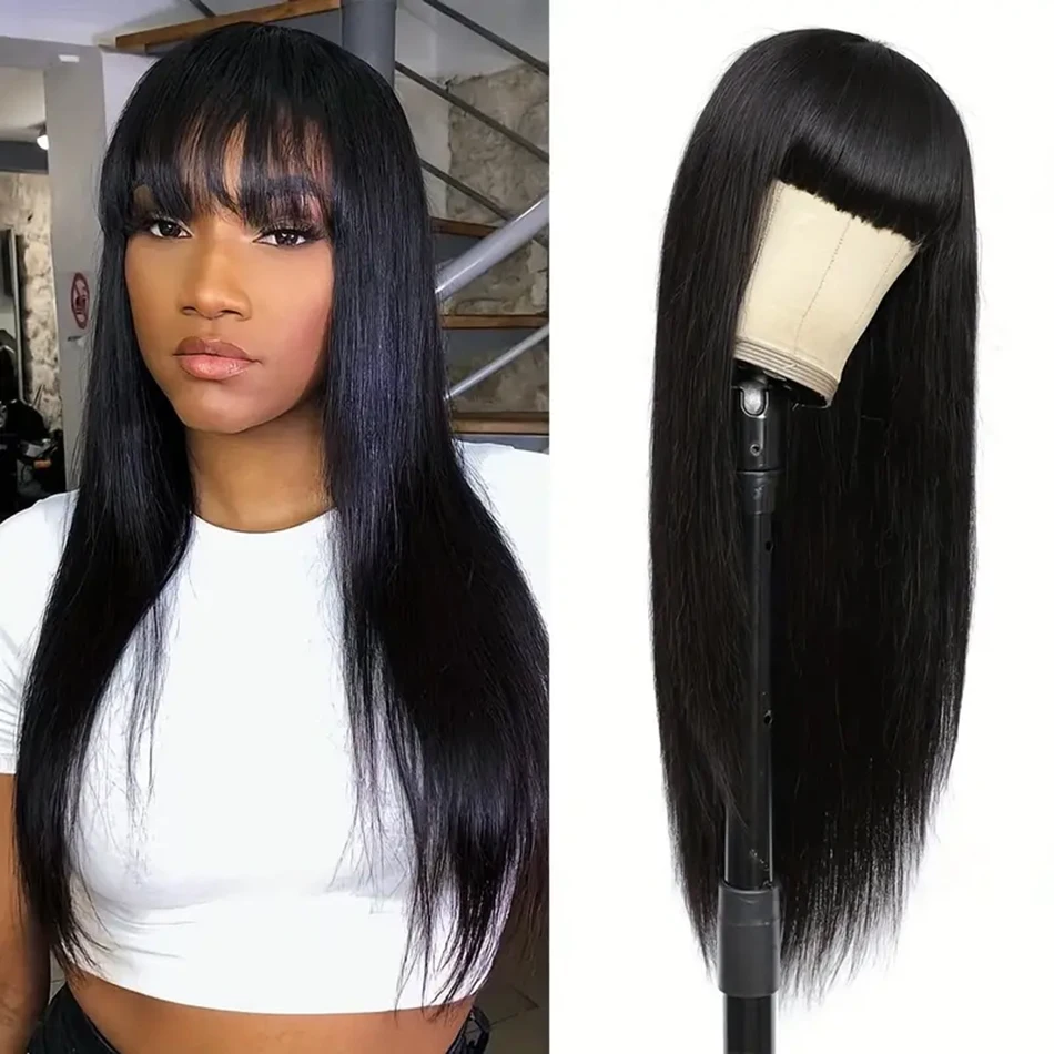 Silky Straight Wig Human Hair Full Machine Made 100% Human Hair Wigs With Bangs For Women Glueless Cheap Wig On Sale Clearance