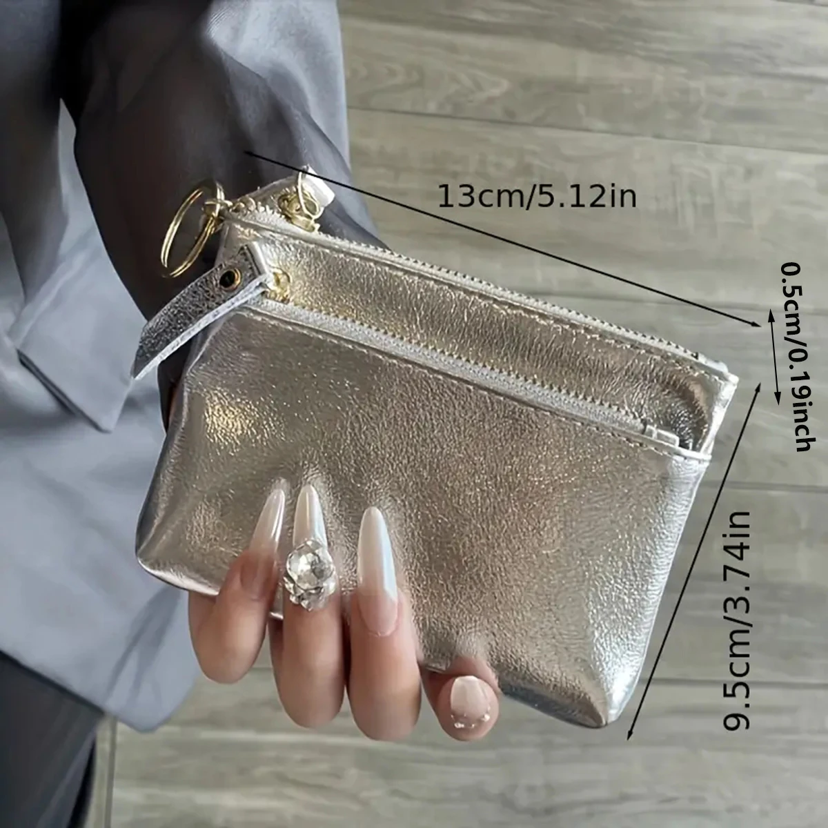 Silver zipper small wallet for women. Top layer cowhide mini pouch. Cracked texture key bag. Card holder. Coin purse. image 2