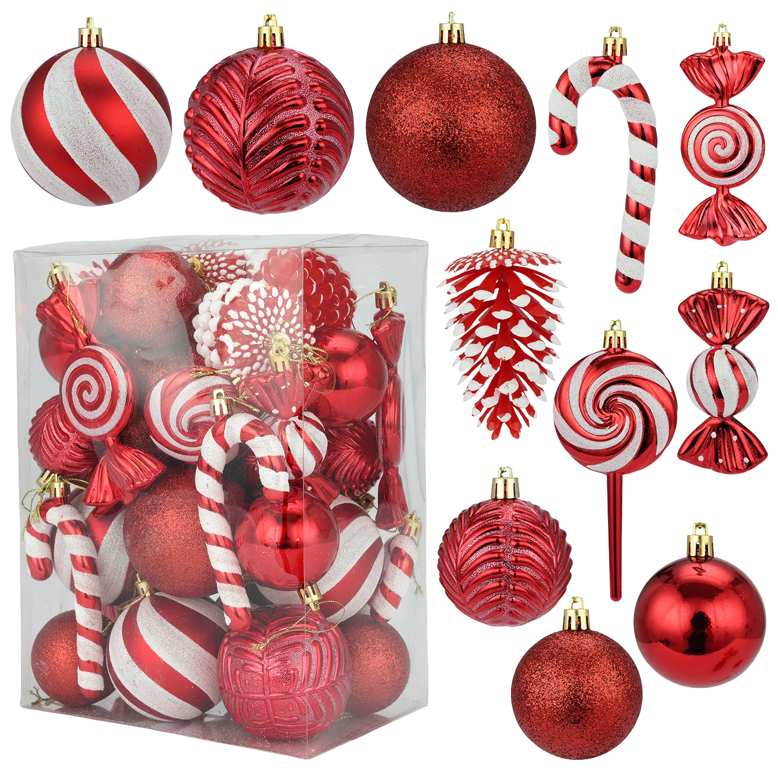 36個入り-8-6cm-赤白クリスマスボールオーナメントセット-プラスチック製キャンディケイン、松ぼっくり、クリスマスツリー用吊り下げ飾り、ホリデーデコレーション