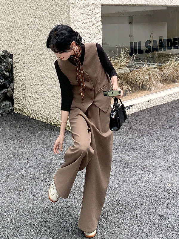 

Khaki Suit Vest Wide Leg Pants Set Women's Spring Autumn 2026 New Chic High-End Feeling Two-Piece Set Casual Sle High Waist