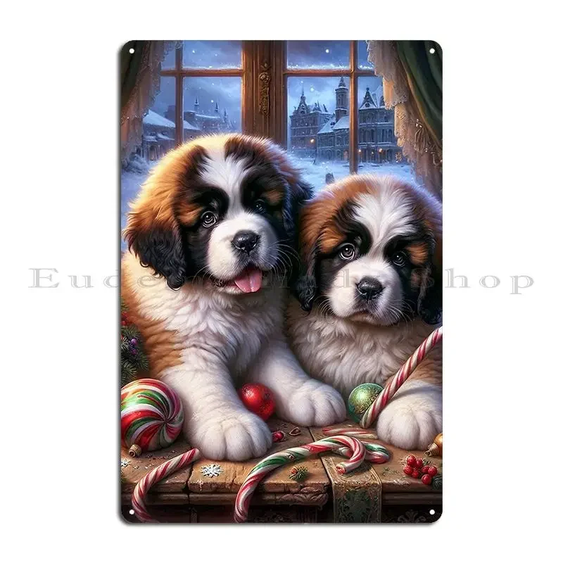 Saint Bernard Puppies Christmas Metal Plaque Wall Mural Kitchen Create Wall Decor Garage Tin Sign Poster