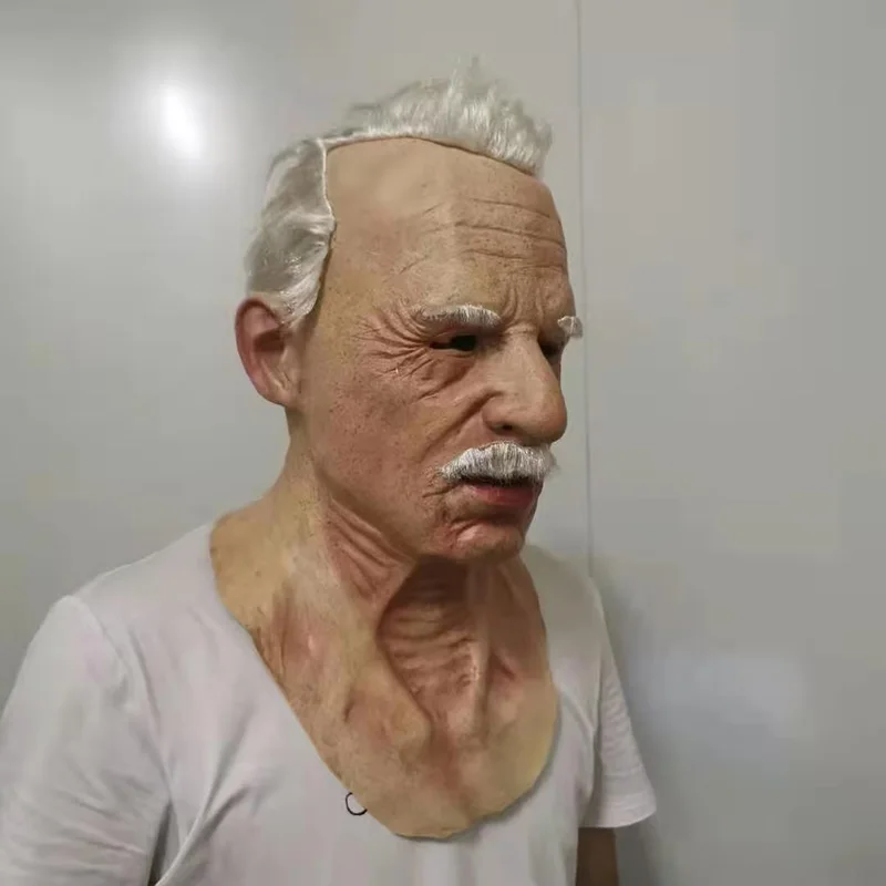 Halloween Realistic Portable Scary Old Man Latex Mask Silicone Facewear Full Face Covering with Hair Halloween Cosplay