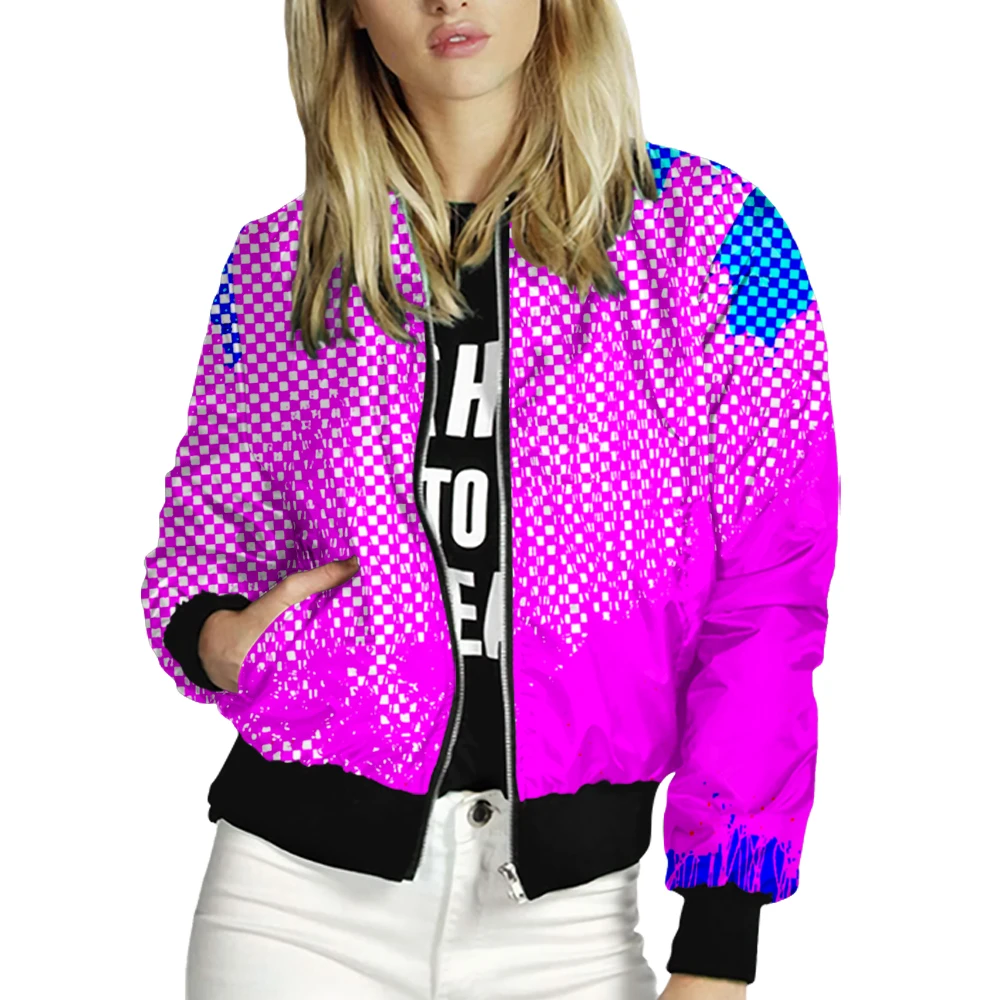 Women's Jacket Tops Long Sleeves Pop Art Print Baseball Collar Zipper Coat Slim Fashion Lady Girls bomber Jacket Street Style