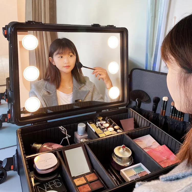 22-Inch cosmetic case with lamp professional follow-up artist special dimmable bridal follow-up trolley case with mirror