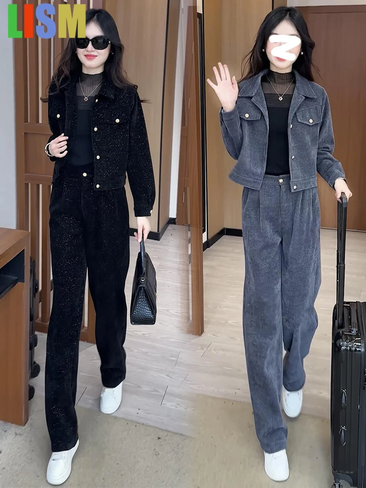 

LISM женский спортивный костюм, модный комплект спортивной одежды для женщин, осень 2021, однобортная короткая куртка, широкие брюки, комплект из двух предметов