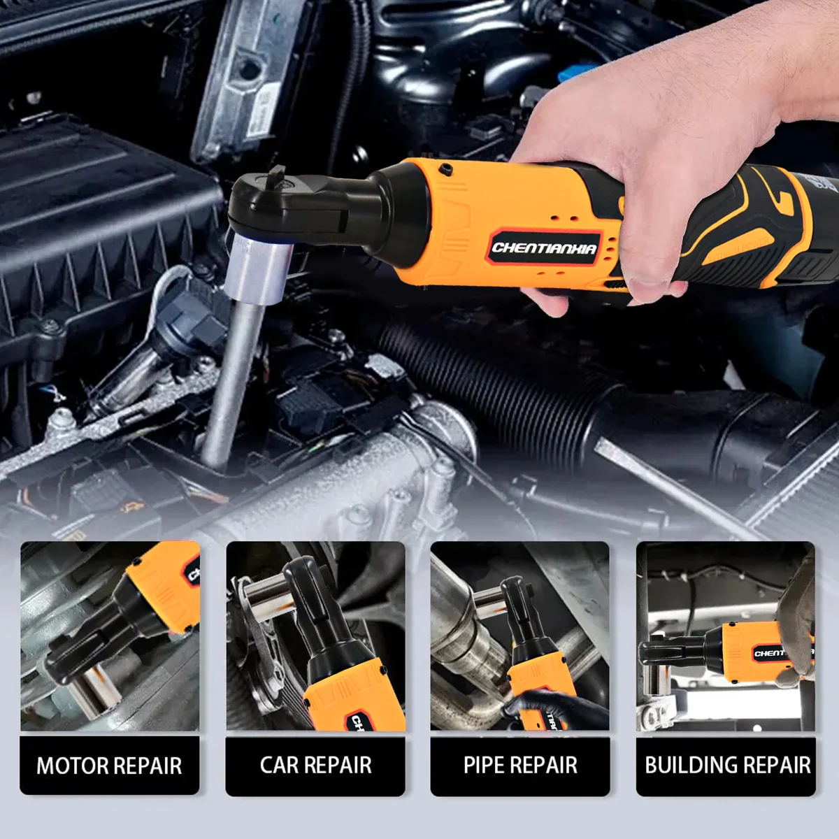 380Nm Electric Cordless Right Ratchet 3/8'' 90 Angle Wrench Power 2x Battery Kit