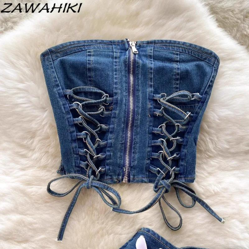 Y2k Denim Two Piece Set Women Drawstring Strapless Zip Design Vest Ruffles Pleated Bow Short Dress Sweet Cute Fashion Ropa Mujer