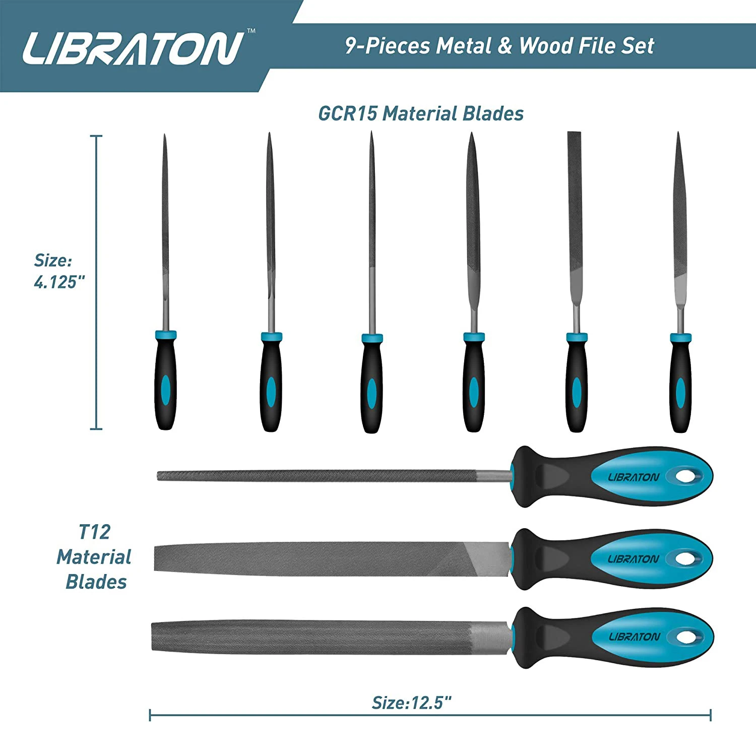 LIBRATON 9PCS Metal Files Set Needle Files Files Rasps Flat Round Half-Round Files for Metalworking Metal Woodworking Carpentry