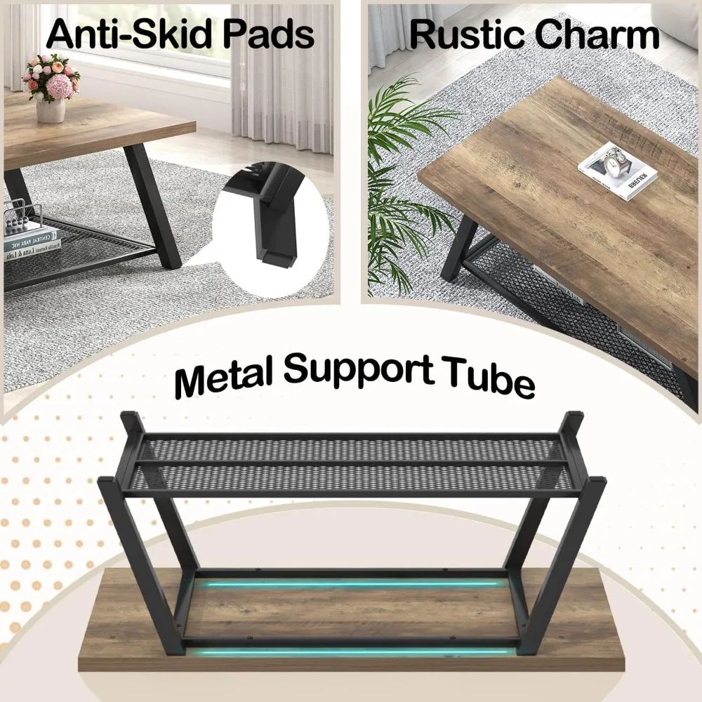 Coffee Table, Modern Rustic Wood and Metal Center Table with Storage, Industrial Cocktail Tea Table for Living Room, Oak