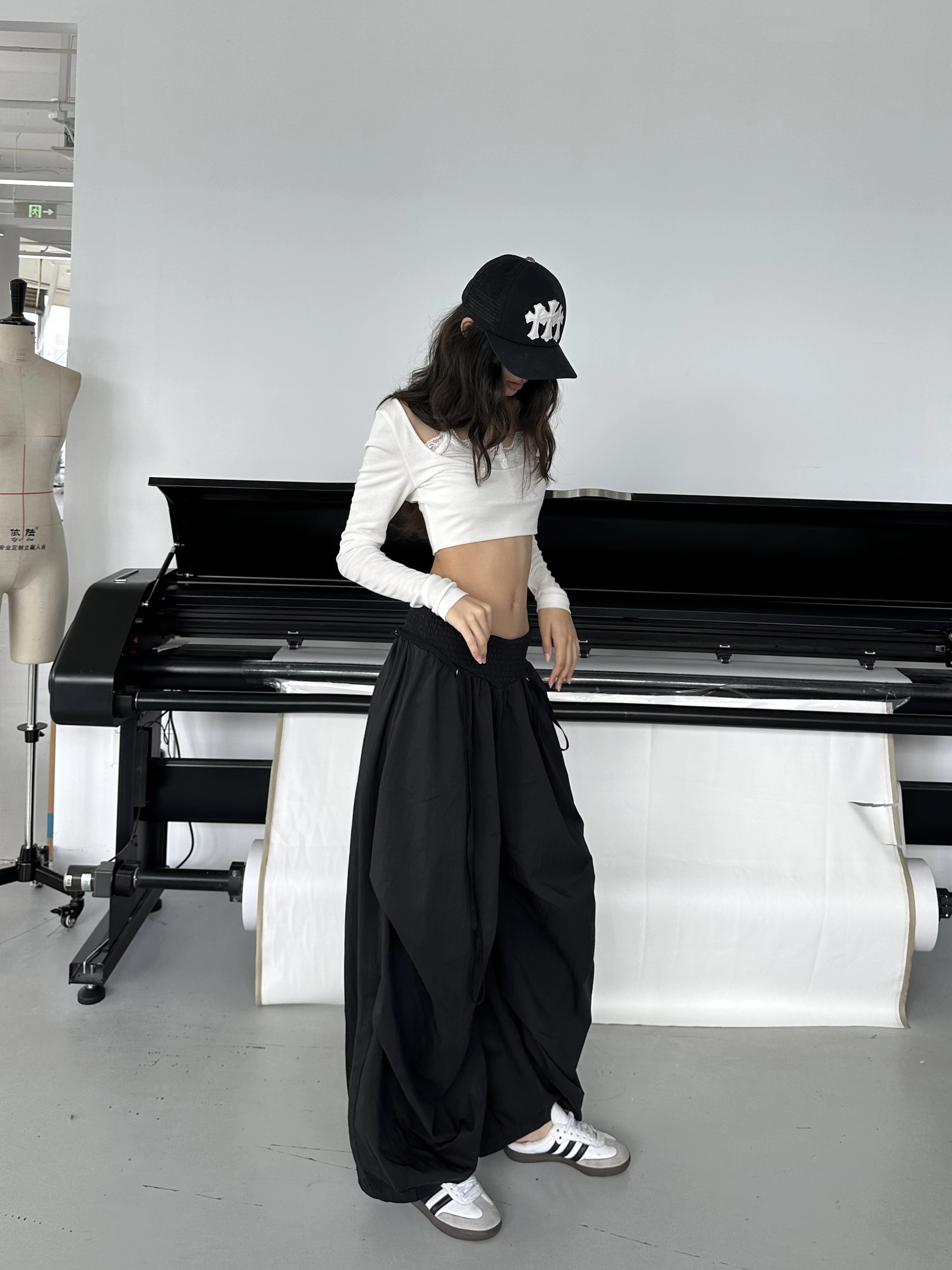 Slimming Wide Leg Pants Elastic Waist Casual Black Loose Women's Long Trousers WARDEN  Function Reconstruction