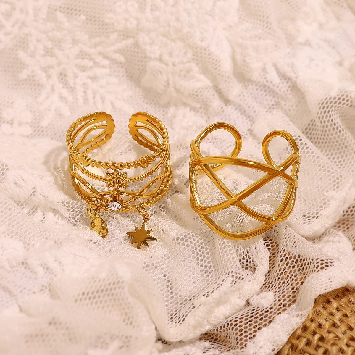 WILD & FREE Cincin berongga geometris baja tahan karat antik untuk wanita pesona Chic yang indah perhiasan trendi berlapis emas 18K