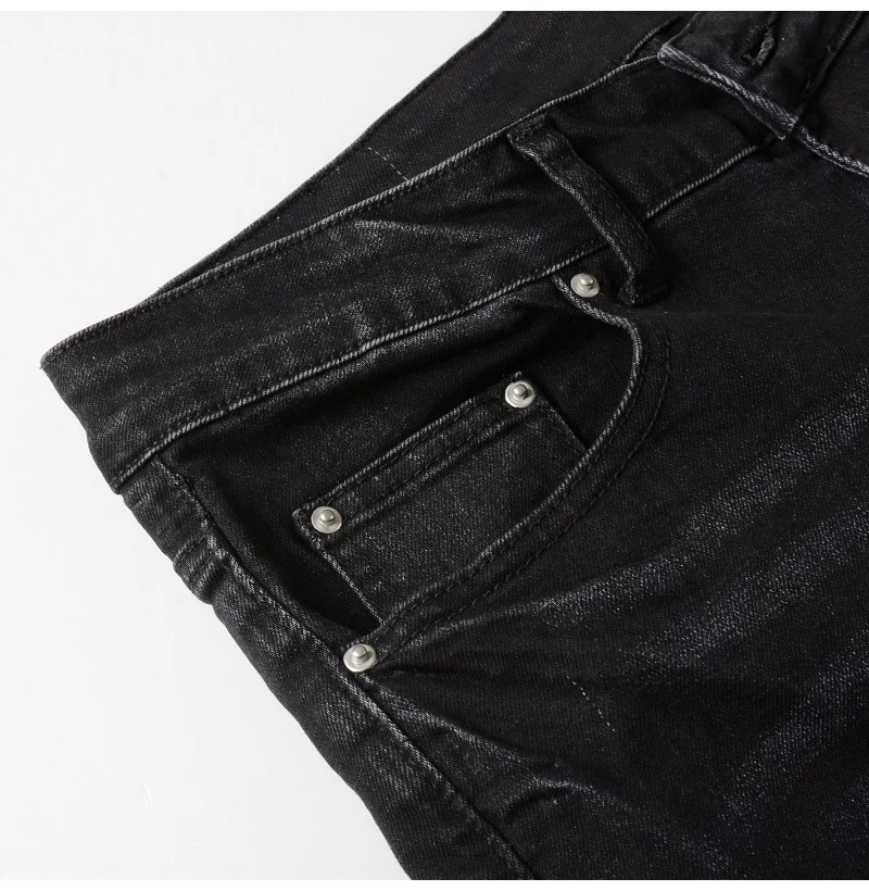 Herren Rote Rissige Plissierte Patchwork-Biker-Jeans Streetwear Stretch-Denim-Hose Skinny Tapered Schwarze Hose – Detail 7