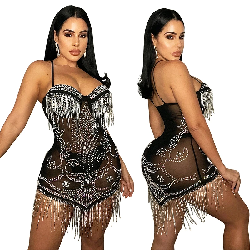 女性のためのファッショナブルなフェザービーズドレス,「ダイヤモンドメッシュ,イブニングドレス,セクシーなスタンドカラー,ノースリーブ,非対称,タンクトップ,クリスタル,シャツ