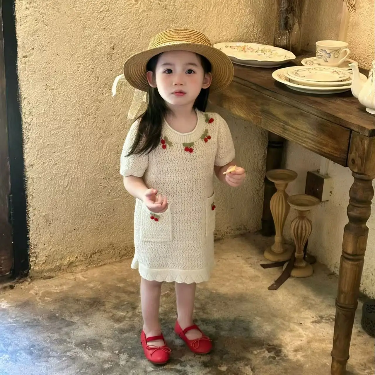 Girls' Summer New Style Knitted Dress Baby Fashionable Cotton Yarn Short-sleeved Hollow-outThin Skirt Trendy