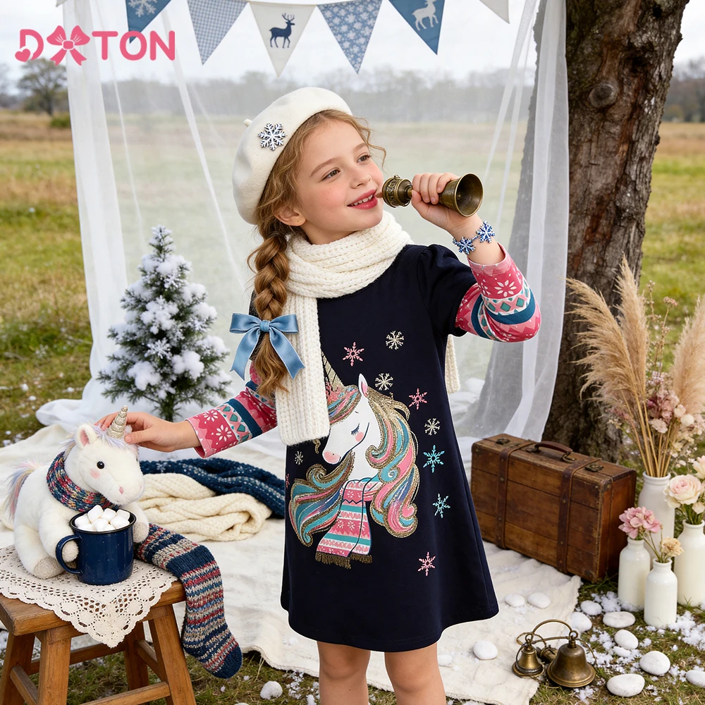 DXTON Kinder-Baumwollkleider, A-Linie, gerade, für Mädchen, Alltagskleid, Schneeflocken, Kinder-Herbstkleidung, Einhorn-Kleid für Babys und Mädchen, Cartoon-Kleid