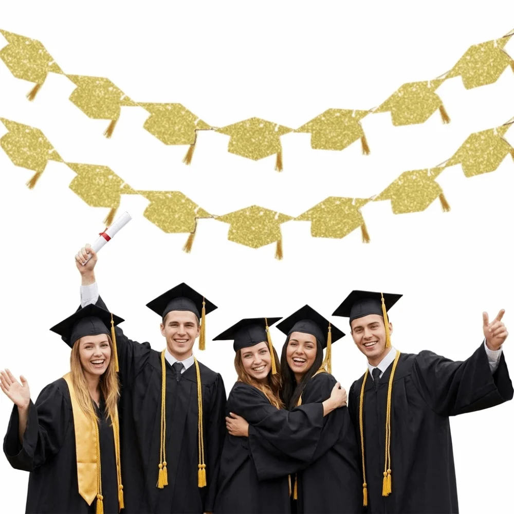 2Pcs Reusable Graduation Party Banner with Tassels Shining Paper Pull Flag Glitter Decor Celebration Bachelor Hat Banner
