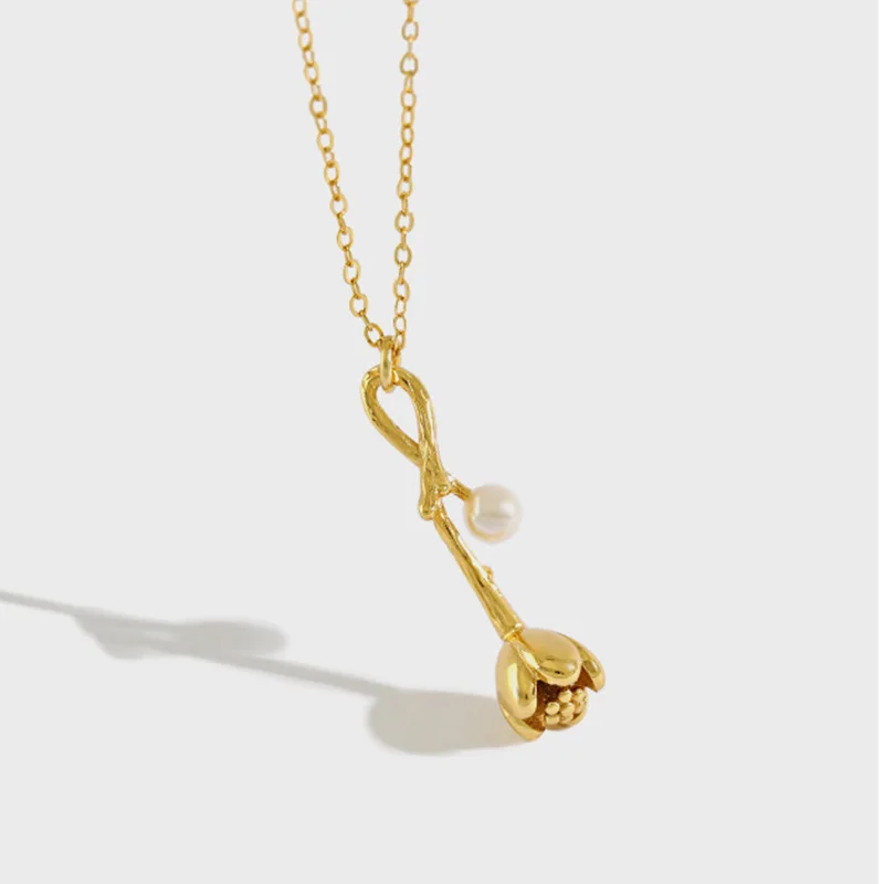 

925 silver flower bud pendant necklace with pearl Flower Bud Pendant Necklace Silver