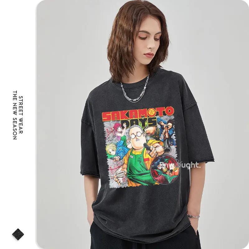 Sakamoto Days T Shirt Anime Tarou Shin Oversized Vintage Washed T-shirts Streetwear Retro Manga DTG Printing Top Tee Men Cotton