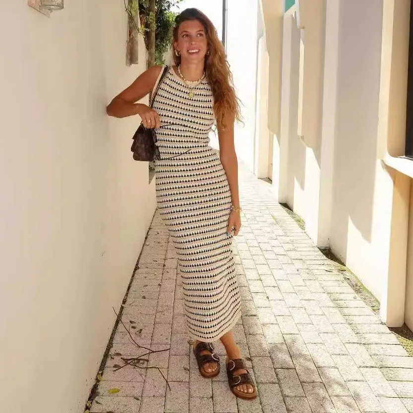 女性のためのヴィンテージのストライプのロングドレス,ノースリーブ,ハイウエスト,パッチワーク,マキシ,ニット,ビーチウェア,夏