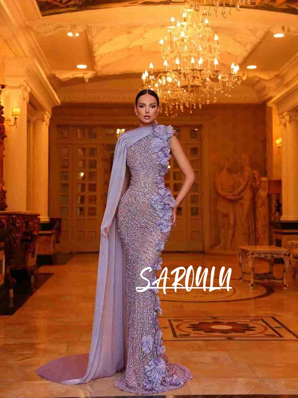 

High Couture Unique Lavender Evening Dress Women 3D Floral One Shoulder Chiffon Cape Beaded Mermaid Formal Prom Shiny Party Gown