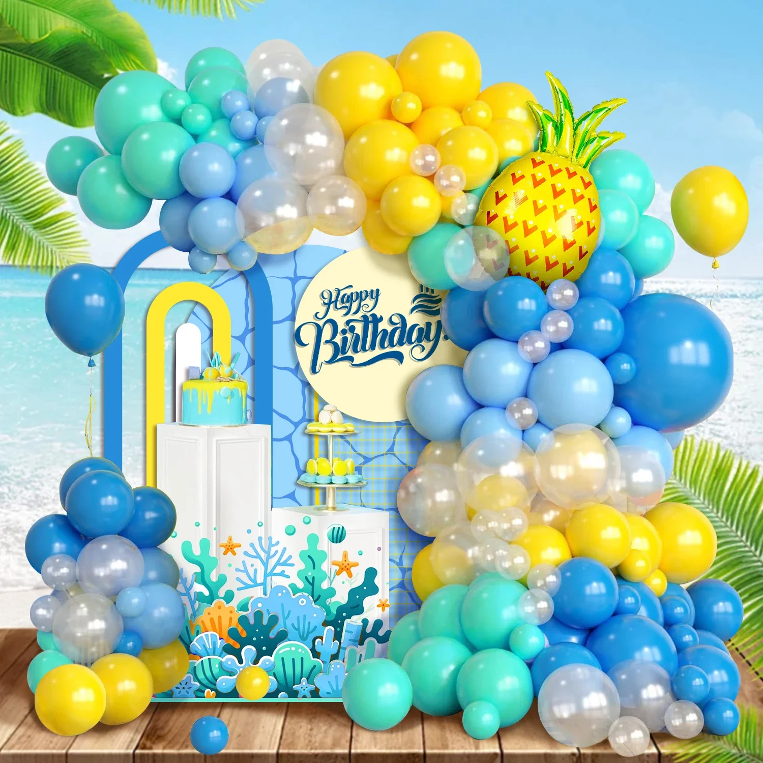 pacote-de-124-baloes-azuis-com-baloes-de-folha-de-papaya-kit-de-baloes-para-festa-tropical-havaiana-para-casamento-e-celebracoes