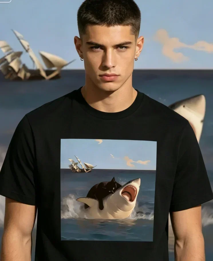 Black Cat Suppressing Great White Shark Graphic Men'S Casual Round Neck T-Shirt Prank T-Shirt Gift Unique Meme Graphic T-Shirt