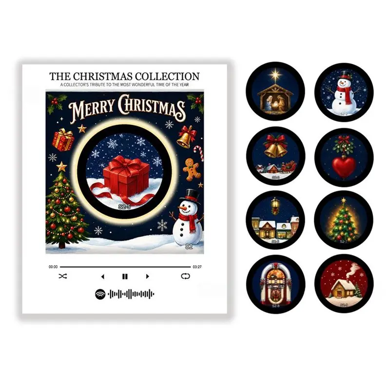 PHFU-Xmas Magnetic Music Fridge Magnet Christmas Viny Record Music Player With Fridge Magnets Tap-To-Play Retro Audio Box