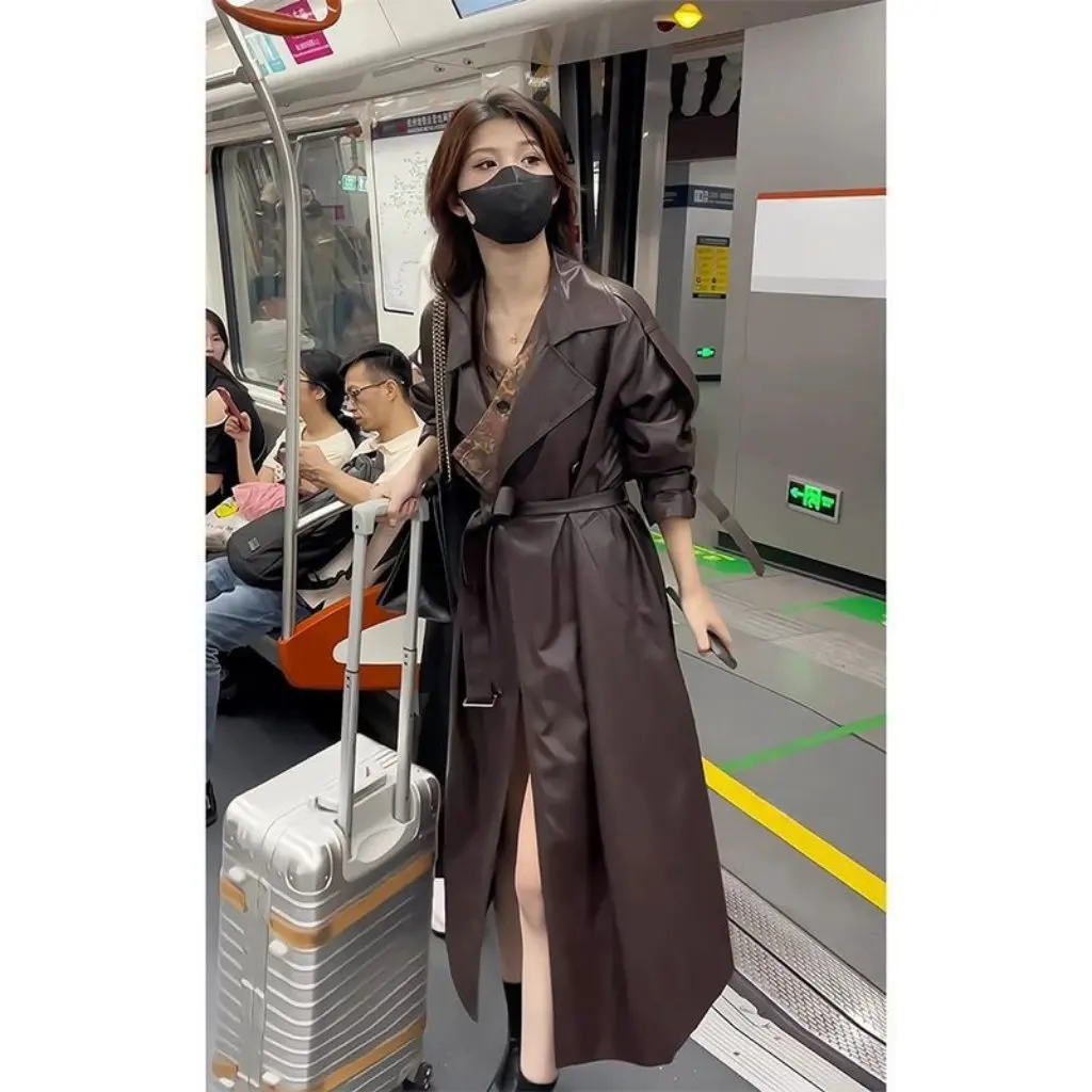Retro Women's Leather Jacket Korean Style Design Long Coat Lapel Windbreaker Fashion Match Easy Autumn New