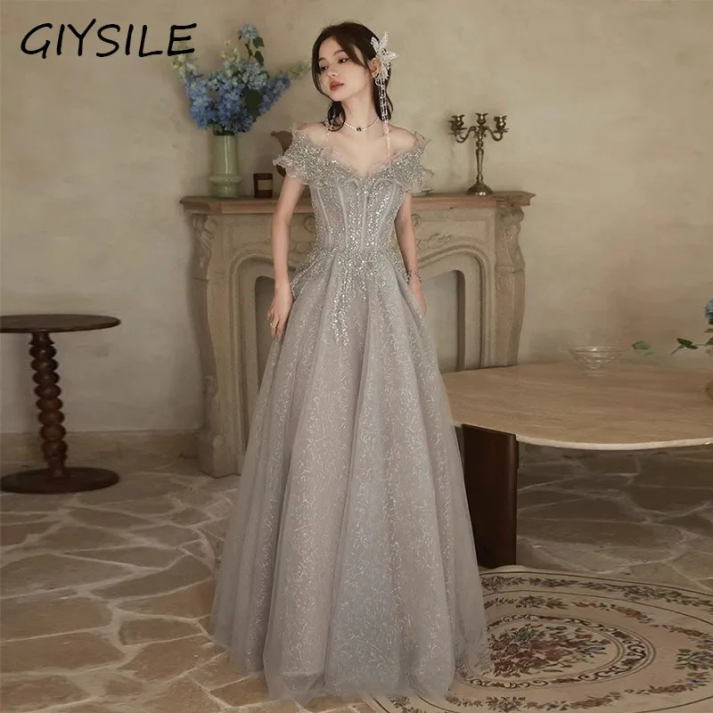 

Роскошное французское серое свадебное платье с вырезом «лодочка» на бретельках, элегантное бальное платье с открытыми плечами, 2025 г., свадебные вечерние женские платья для выпускного вечера