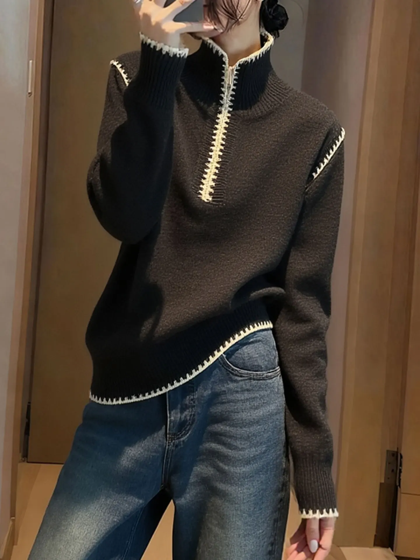 Koreański Design Sensation Color Blo f Zip Long Sve Camere Knitted Sweater Winter Comfortable Warm Women's Top