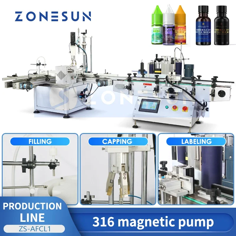 ZONESUN Automatic Liquid Production Line Essential Oil Vial Eyedrops Bottle Filling Capping Labeling Machine ZS-AFCL1