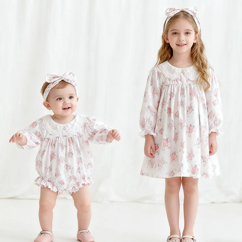 

2025 New Autumn Children Clothes 2-7Yrs Girl Party Dress Kids Princess Dresses Long Sleeved Cotton Print Baby Girl Romper
