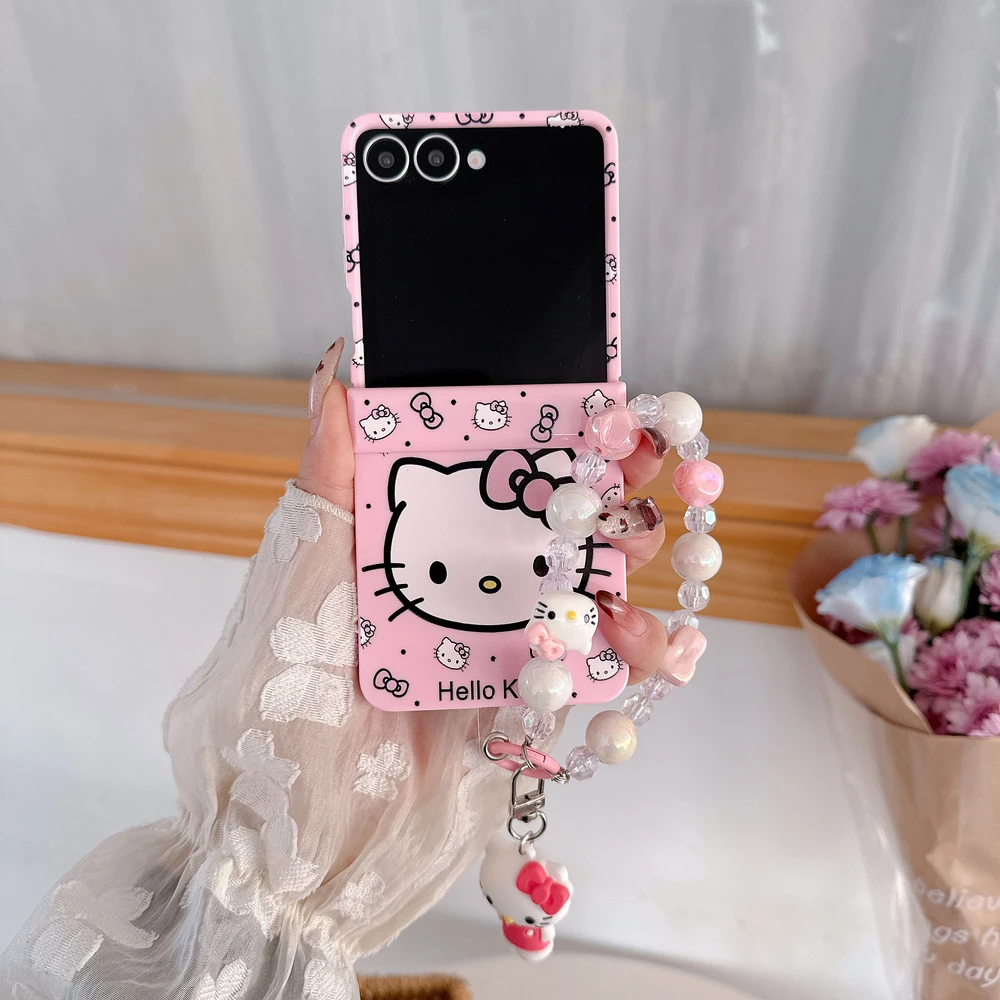 Funda de teléfono con dibujos animados de Sanrio Hello Kitty para Samsung Galaxy Z Flip 7 6 5, cubierta dura de TPU de Color caramelo para Z Flip 4 con cordón