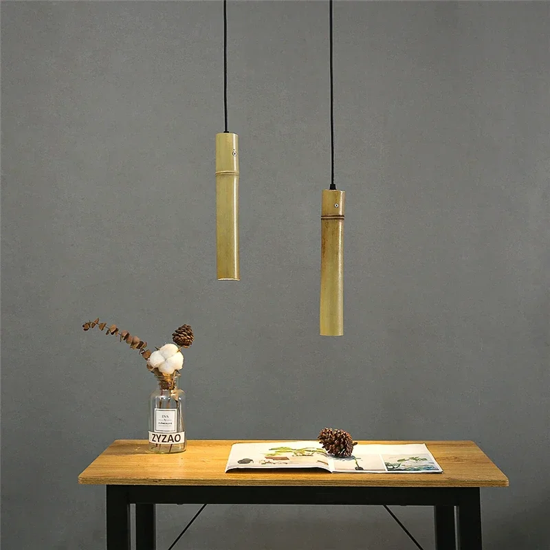 Chinese Minimalist Bamboo Tube Pendant Lights Tea Room Restaurant Hotel Dining Room Kitchen Hanging Lamp Wire Adjustable GU10