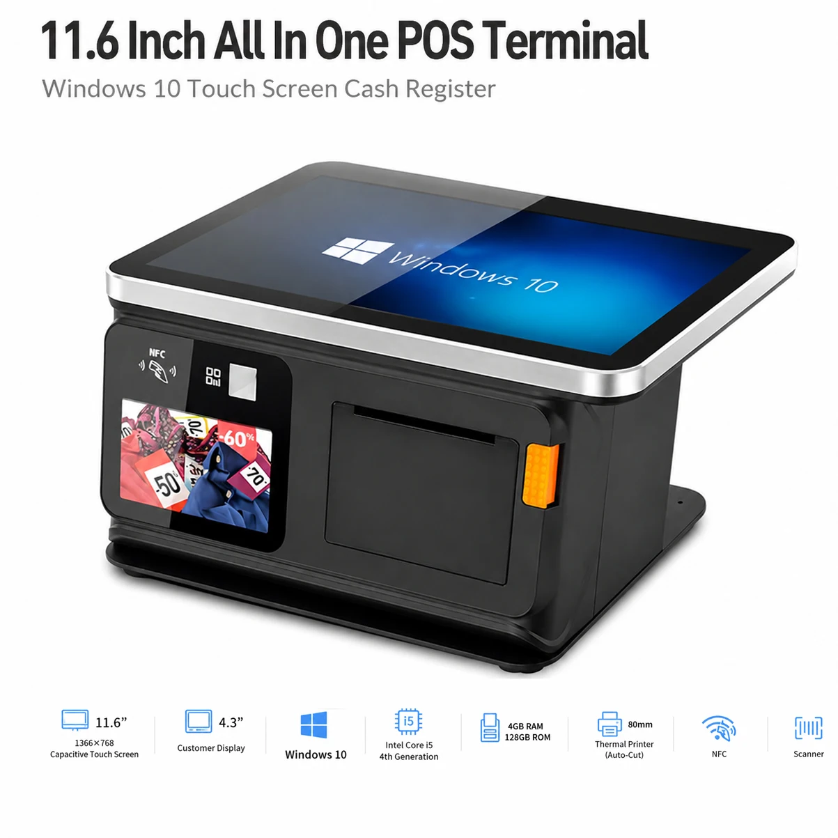 11.6 Inch All In One POS Terminal Windows 10 4GB 128GB Touch Screen Cash Register for Retail Restaurant Supermarket
