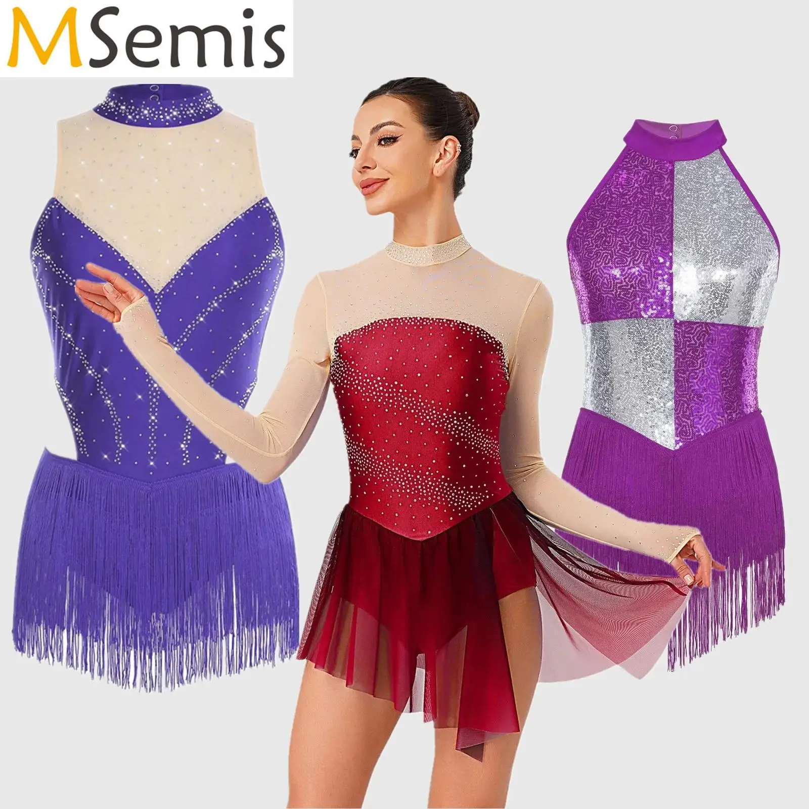 

Womens Gymnastics Artistic Figure Skating Ballet Jersey Leotard Dress Rhinestones Sheer Mesh Lyrical Latin Dance Bodysuit Dress