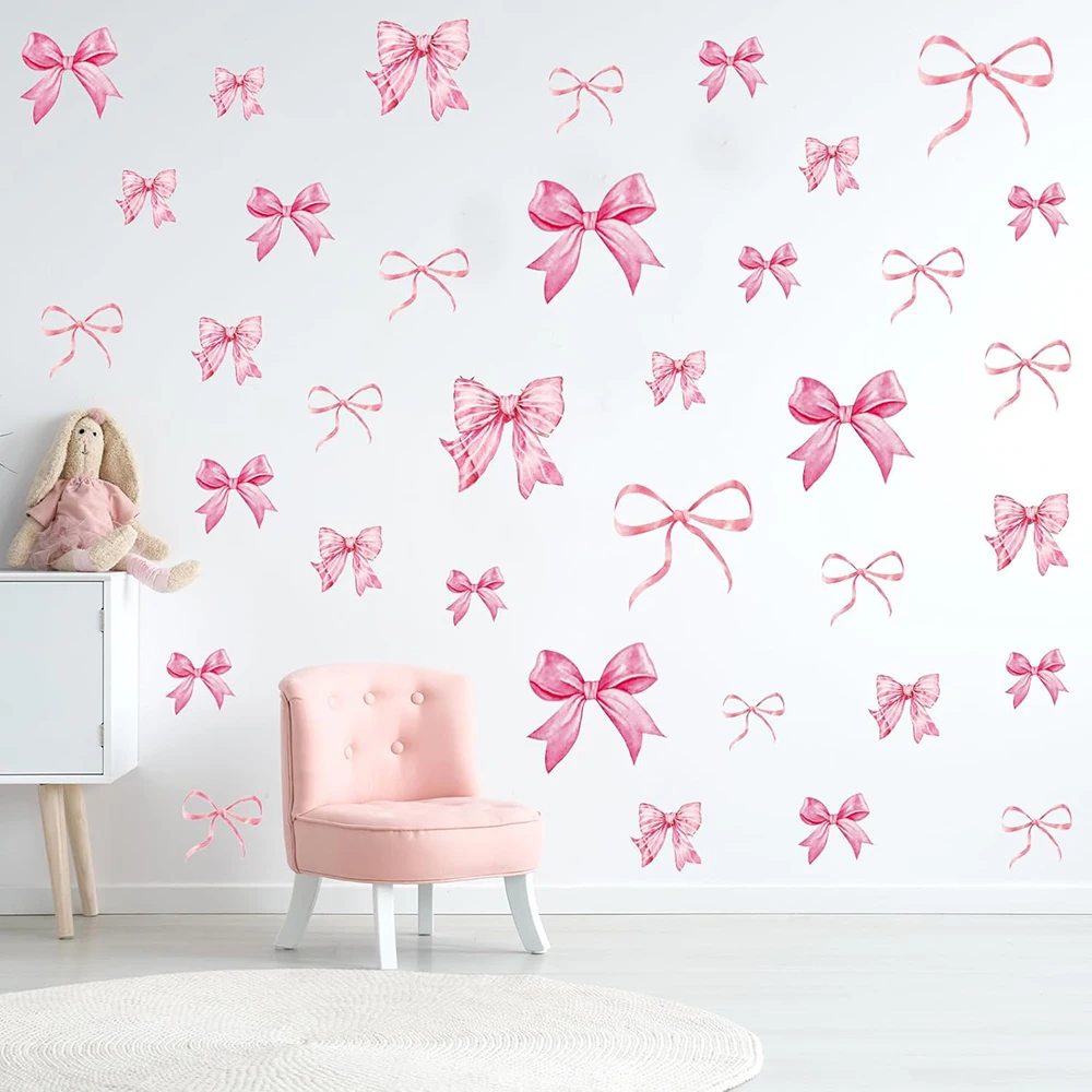 Pegatina de pared con lazo azul y rosa para habitación de niña, calcomanías de pared con lazo de acuarela para cocina, decoración para sala de estar, fiesta de cumpleaños y coqueta