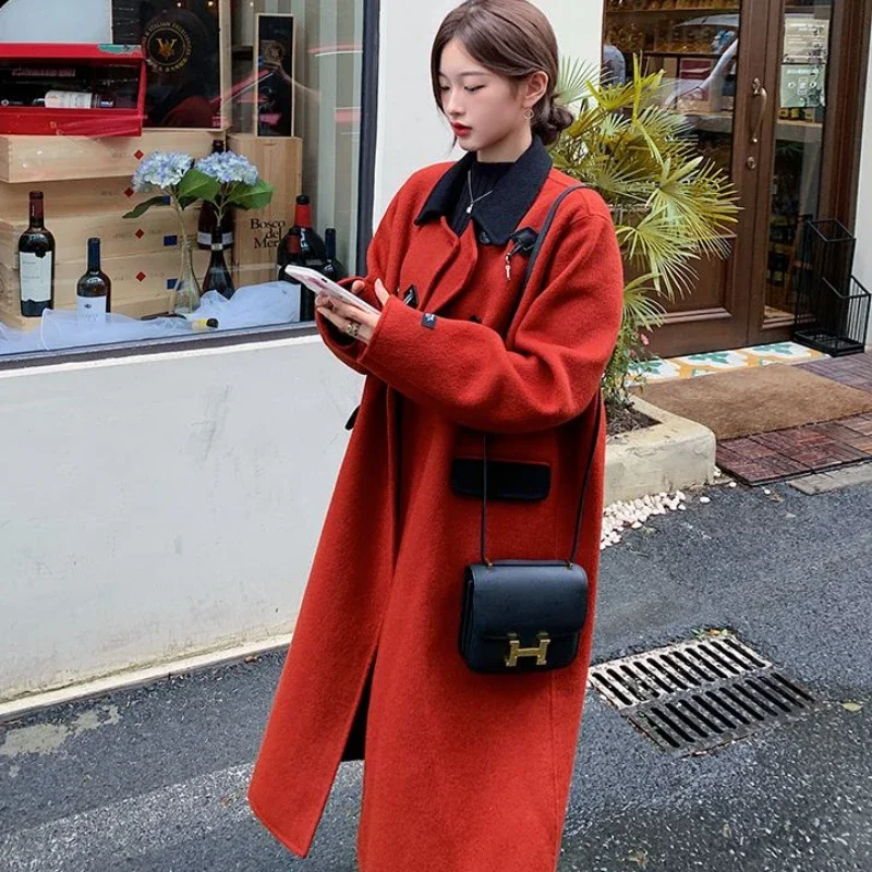 Women Design Woolen Coat Female Long Below The Knee Temperament Niche Outcoat Winter Thickened Casual Fashion Wine Red Outwear