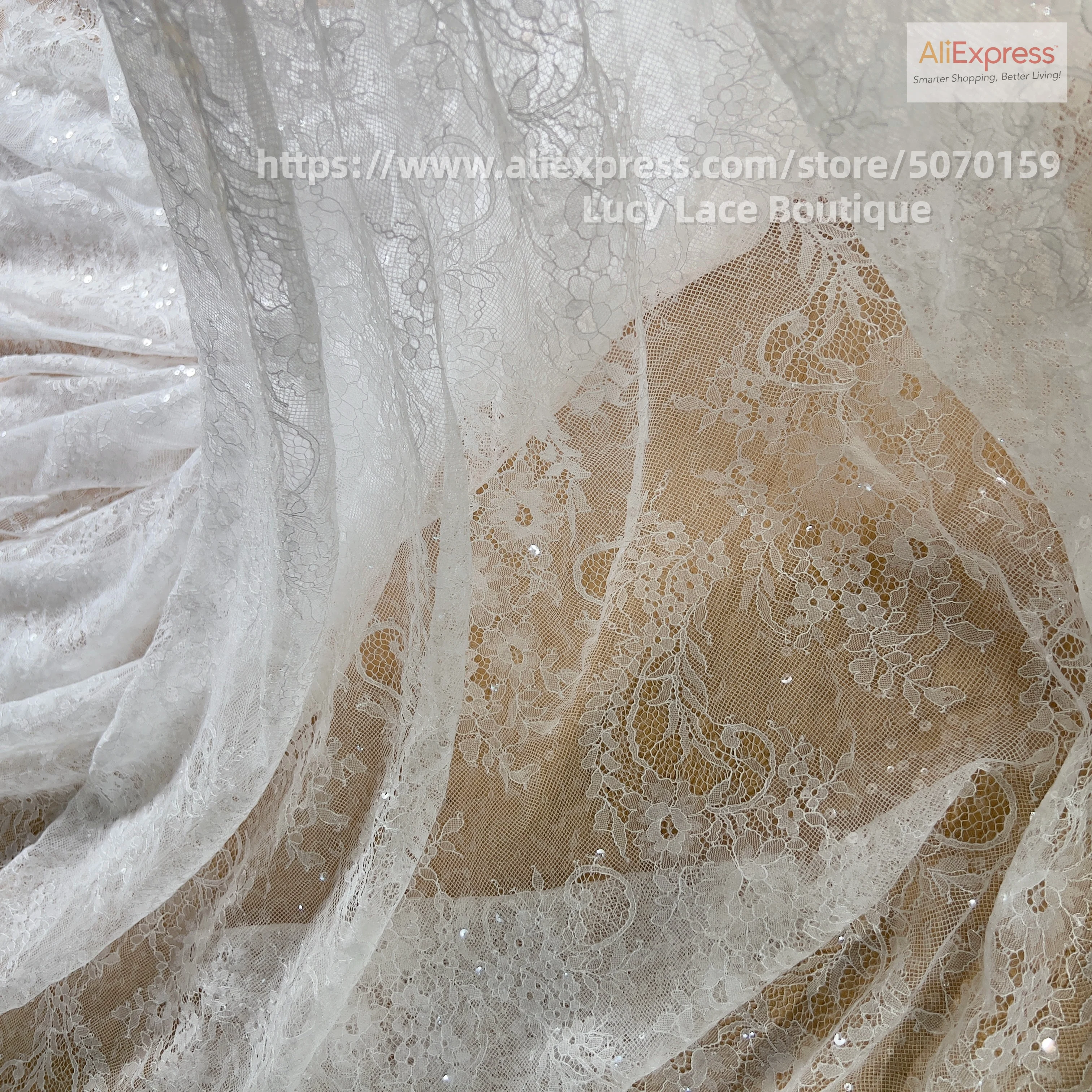 1.4M Wide Sparkly Flowers Net Lace Fabric Clear Sequins for Dress Classic Pattern Hot Design DIY Lace Chantilly with Sequins