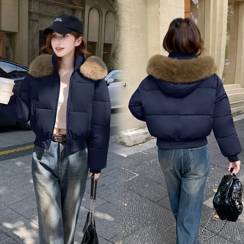 PinkyIsBlack Hooded Fur Collar Cotton Padded Jacket Women's Winter Clothes 2025 New Thickened Warm Short Bread Jacket Outwear
