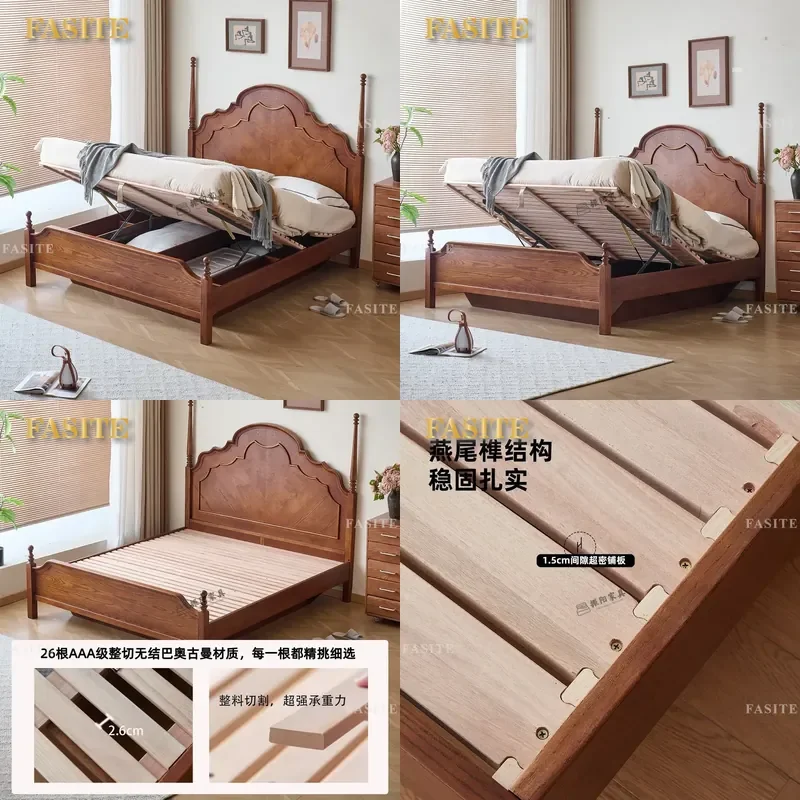 For 1.5m 1.8m Medieval Red Oak Solid Wood Bed French Retro High Box Air Pressure Storage Large Bedroom Furniture