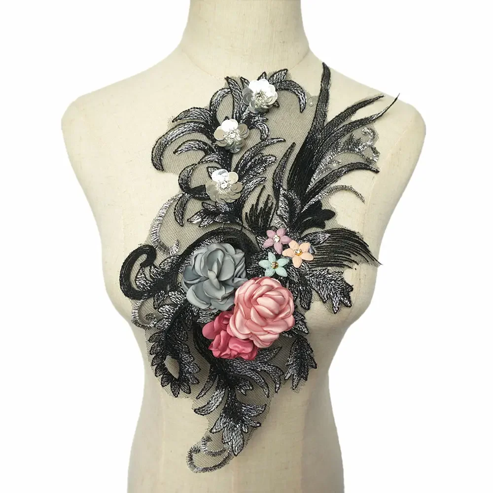 40CM tessuto nero 3D fiori rose strass paillettes Appliques pizzo trim ricamo maglia cucire su toppe per la decorazione di nozze