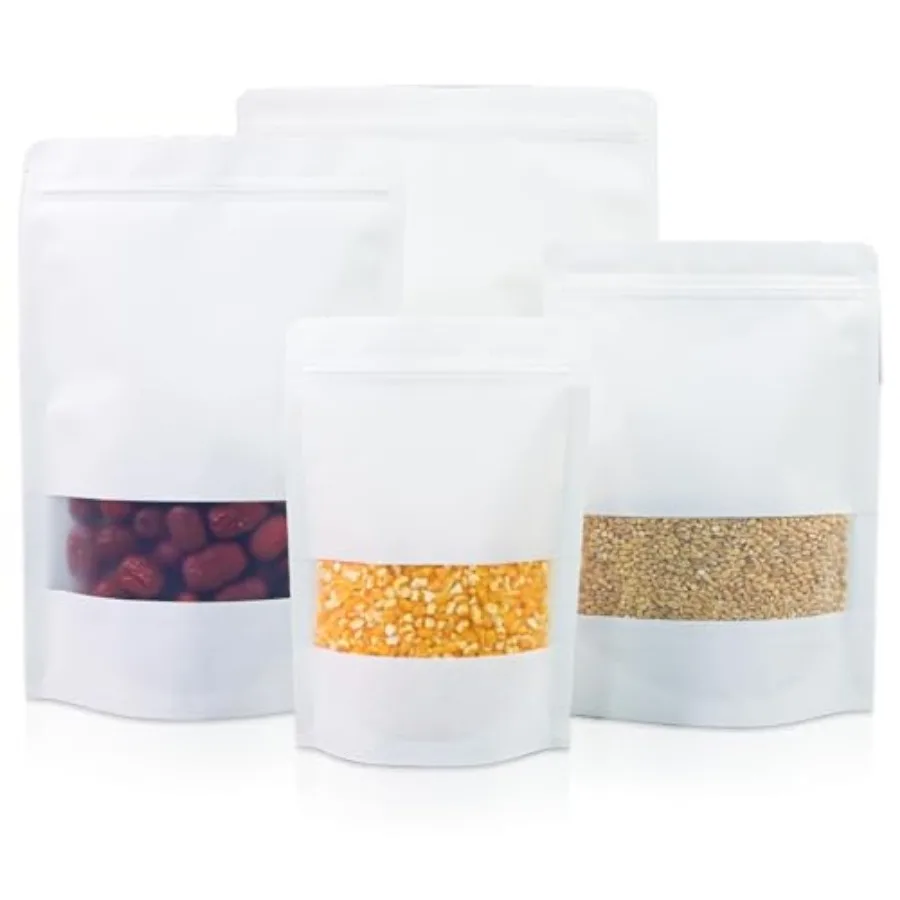 50PCS 8"X2" Kraft Paper Bags with Window, Reusable White Stand Up Pouches for Food Storage, Resealable Zipper Lock Packaging Ba